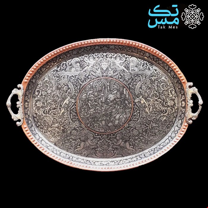 سینی برنجی قلم زنی بیضی شکل طرح ساز و آواز استاد نعمتی 006