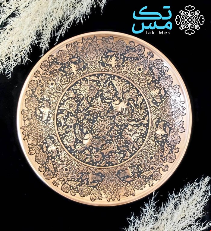بشقاب مسی قلم زنی گل و مرغ استاد رسولی 022